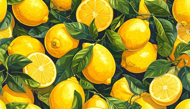 A vibrant, repeating pattern showcases a profusion of bright yellow citrus fruits with green foliage, creating a refreshing aesthetic