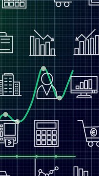 Vertical video: Green line starting left rising peaking over office dipping then rising for finance