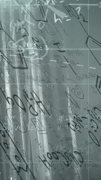 Vertical video: Math overlay drifting down-right, sun shifting, scaling symbols showing pi, abc