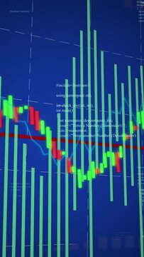 Live data feeding finance chart, histogram shifting, candles fluctuating, code guiding analysis
