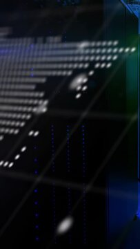 Camera pulling back, halftone world map revealing code, LED dots, grid lines showing tech data