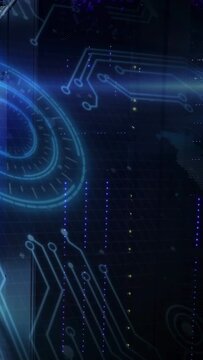 Vertical video: Net pulse activating glowing HUD tracing circuits and pulsing LEDs showing online