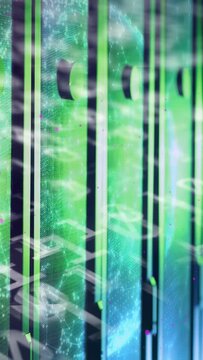 Vertical video: On loop LED wall showing teal globe, swirls moving, pink specks appearing for show