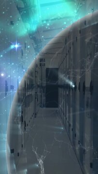 Globe entering aisle on data pulse, projecting gold lights and network arcs for tech visualization