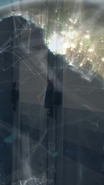 Vertical video: Globe overlay appearing TL sweeping door, lighting, panning, fading to show network