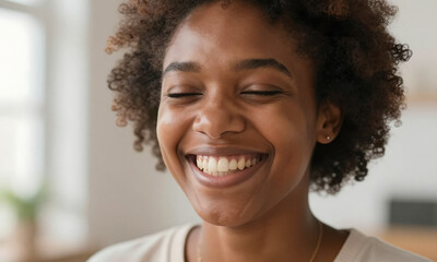 Fototapeta premium shot african american woman face shows smiling widely eyes closed set soft focus blur warm