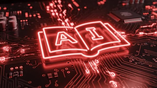 Neon ai book illustration on circuit board with digital design