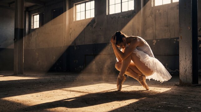Ballet dancer in industrial warehouse with dramatic lighting