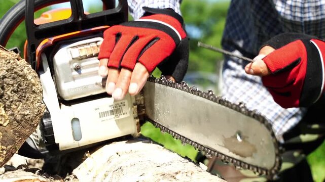 Worker grips chainsaw with red and black gloves. Hands adjust bar and chain with precision. Outdoor setting implies gardening or maintenance. Tool and hands suggest focused, skilled labor