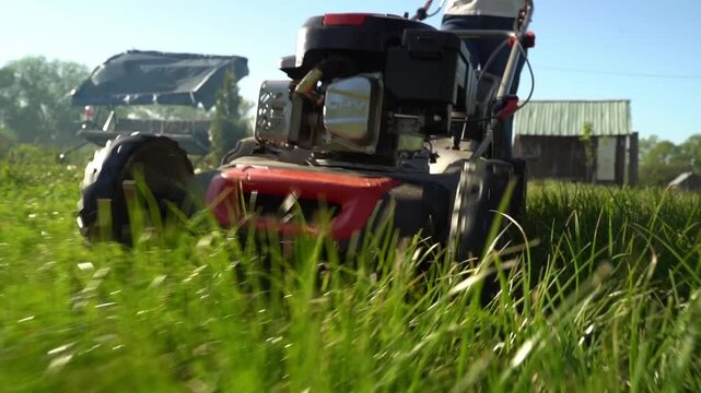 Lawn mower cuts tall grass in bright sunlight. Person operates machine with focused determination. Background shows barns and distant trees. Ideal for gardening, landscaping
