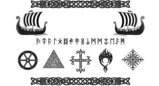 Viking mythology vector set, ancient norse runes and drakkar longships, celtic knot borders and mystical pagan symbols, black and white occult icons