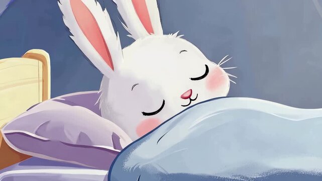 White rabbit sleeping peacefully under blue blanket in cozy bedroom with wooden bed, soft pillows, and moonlight shining through window at night