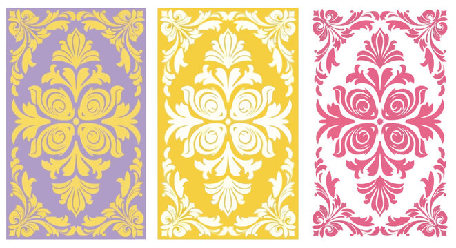 Vintage damask floral patterns, set of 3 elegant baroque vector ornaments, classic royal filigree background in purple yellow and pink