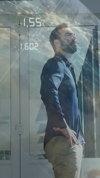 Man adjusting pose by glass, driving tech overlays with data, network globe, analyzing metrics