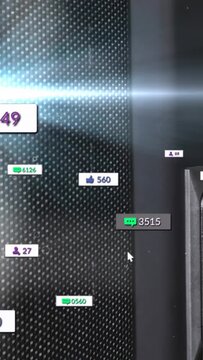 Vertical video: Cursor clicking floating marketing badges on metal panel with flare, showing growth