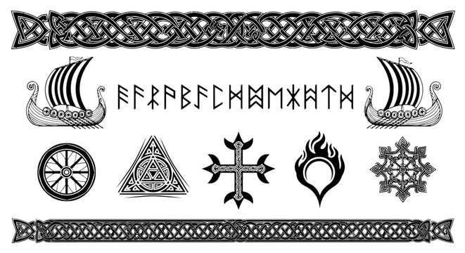Viking Norse mythology vector set, ancient runic alphabet and longship icons, celtic knot border ornaments, pagan occult symbols for tattoo design