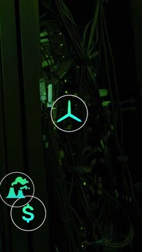 Camera holding on cables datacenter, dollar, rotor icons emerging, layering over rack to show cost