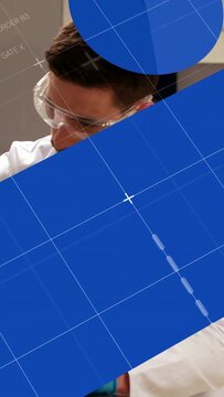 Vertical video: Lab researcher pipetting blue samples while blue graphics sliding in, showing data