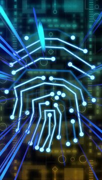 Vertical video: Fingerprint circuit assembling as blue streaks radiating inward showing data flow