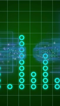 Vertical video: Cyan rings oscillating to audio while circuit clouds linking showing live tech data