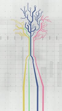 Vertical video: Start 4-color trunks rising on grid, merging, branching into circuit tree for tech