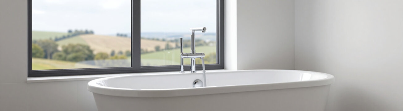 serene bathroom interior features pristine white bathtub focal point adjacent large window offering expansive view