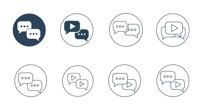 Set of modern speech bubble and video communication icons for digital messaging interfaces.