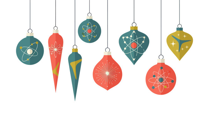 Set of mid century modern atomic style Christmas ornaments on white background