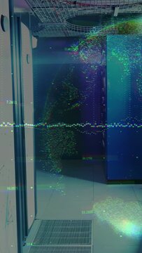 Vertical video: Waveform sparking particles, blue cabinet emitting expanding halo indicating status