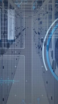 Vertical video: Rack aisle showing HUD overlay, starting spinning blue HUD, pulsing nodes, scanning