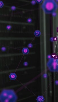 Vertical video: Glowing orb starting hex nodes pulsing, clustering over racks to show data flow