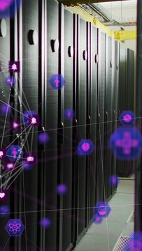 Camera sliding down server aisle, showing racks while violet nodes clustering mapping data flow