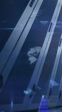 Vertical video: On data pulse, vented metal panels showing globe blue dots rising bar for traffic