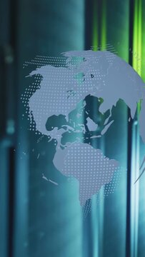 Vertical video: Looping globe rotating right showing continents dots shifting accenting backdrop