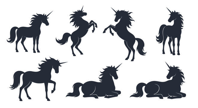 Set of magical unicorn silhouettes in various poses on white background