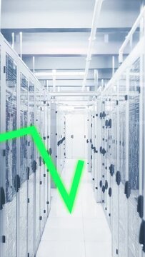 Vertical video: Green stroke emerging left starting neon traces racing up aisle showing server load