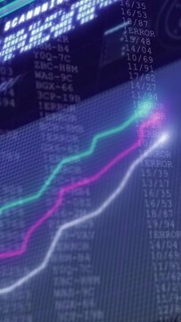 Vertical video: system scanning pixel grid SCANNING header on cursor moving graphs rising for tech