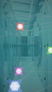 Vertical video: UI activating, hexes appearing on server aisle, linking and fading, showing status