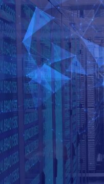 Vertical video: Left code starting overlay, server racks idle while nodes drifting and showing net