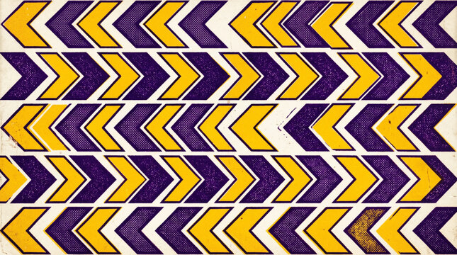 Purple and yellow chevron pattern. Geometric arrow background with vintage halftone dots. Retro pop art design for wrapping paper, fabric and textile. Distressed 70s 80s wallpaper backdrop.
