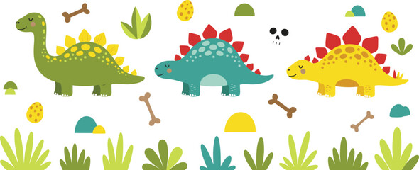 Cute Dinosaur Characters with Colorful Spikes and Fossils for Kids’ Illustrations and Fun Prehistoric Designs © Rownok