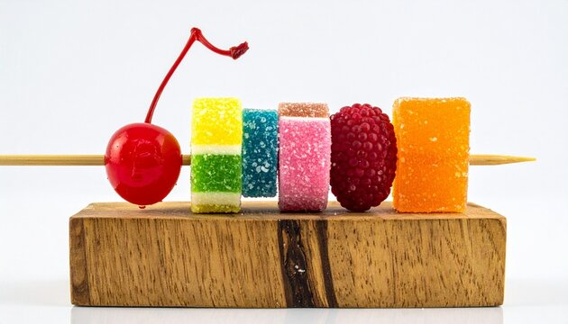 Colorful candy skewer cherry wooden block vibrant display