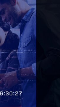 Vertical video: Man scrolling phone, woman leaning by window, tech pair reviewing with timecode VHS