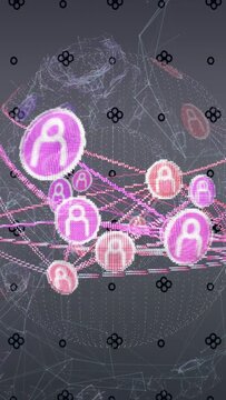 Vertical video: 3D globe rotating with view shift nodes pulsing lines lighting showing network hubs