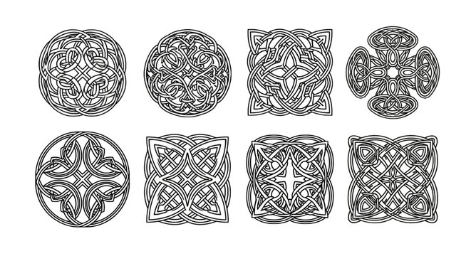 Celtic knot vector set, 8 traditional Irish interlaced ornaments, black and white geometric mandala symbols, ancient viking knotwork icons
