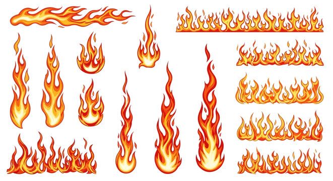 Fire flame vector set, burning orange fireballs and hot bonfire borders, 15 comic style flame elements for racing decals and heat graphics