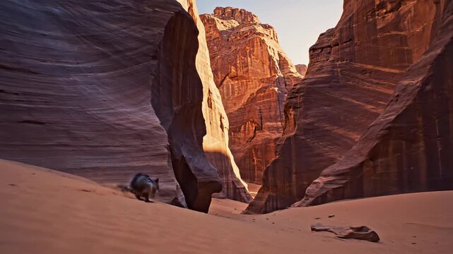 Jerboa navigates a vast desert canyon floor