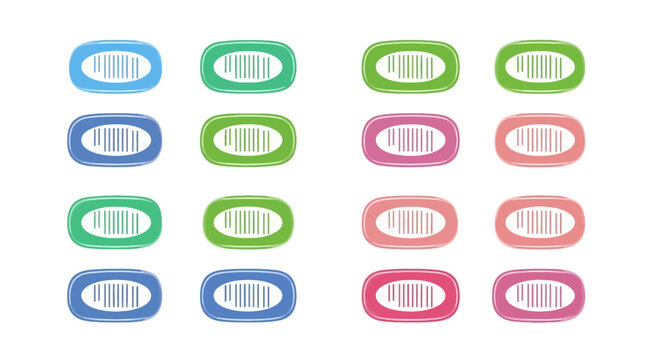 Colorful barcode sticker set, 16 oval retail labels in blue green and pink, modern product identification tags for inventory management