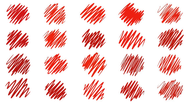 Red hand drawn scribble set, 20 abstract pencil sketch elements, messy ink pen strokes and doodle shapes on white background, vector illustration