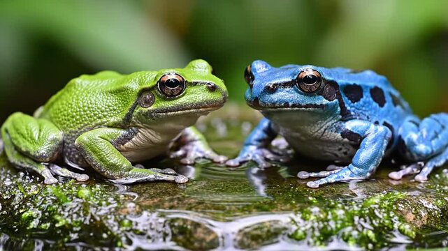 Two colorful frogs sit side by side on a wet stone surface